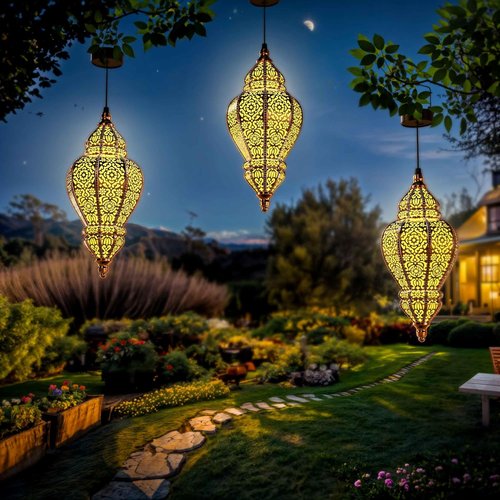 Hapjoy Moroccan Solar Lanterns - Waterproof Outdoor Garden Decor | Gold Hanging Lights (1 Pack)