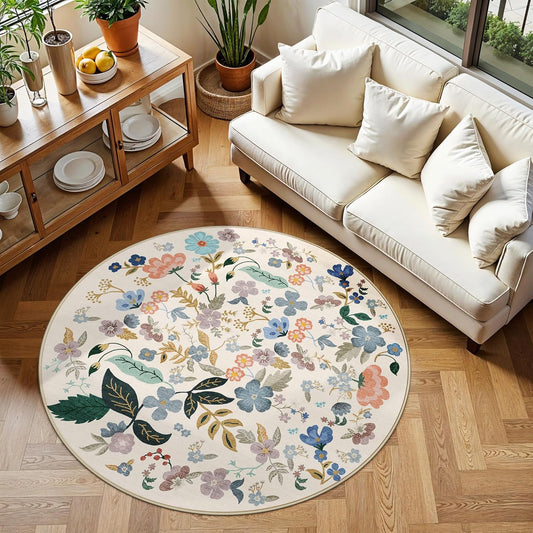 Skiennix Washable Floral Round Rug - Ultra Soft 4x4 Feet Non-Slip Area Carpet for Bedroom & Nursery | Cream