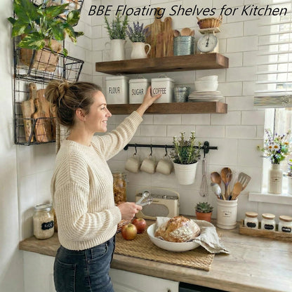 BBE Floating Shelves - Rustic Walnut Wall-Mounted Storage for Bathroom & Living Room | Set of 2, 16 Inch