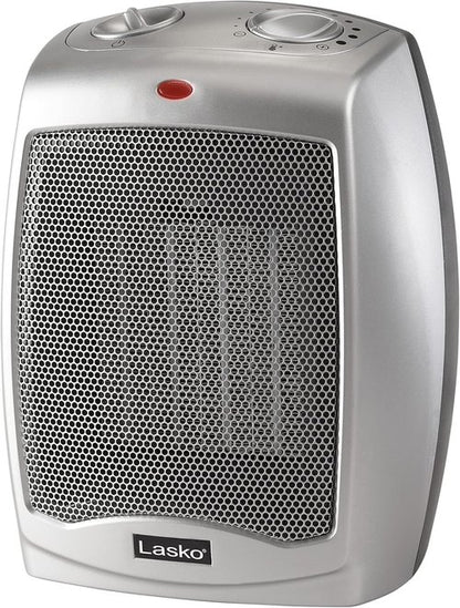 Lasko Ceramic Space Heater - Adjustable Thermostat & 2 Heat Settings | 9.2 Inches, Silver
