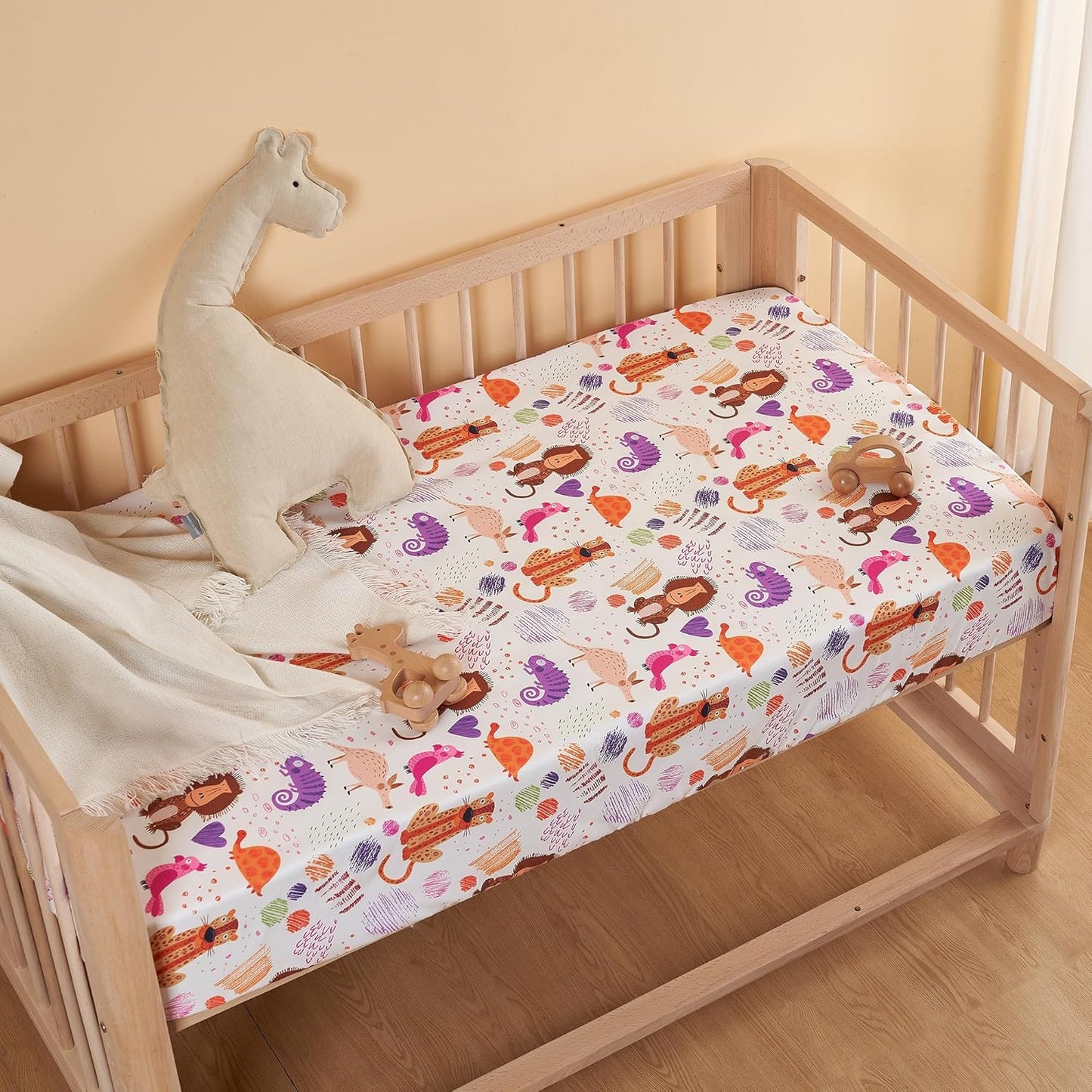 TILLYOU Baby Crib Sheets - Super Soft Toddler Bed Sheets | 2 Pack for Standard Crib Mattress 28x52in, Animal Graffiti