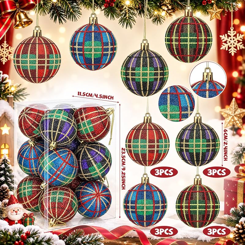 christmas plaid foam ball ornaments, 12pcs, 2.4" - glossy tartan holiday decorations (Plaid variation)