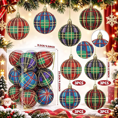 christmas plaid foam ball ornaments, 12pcs, 2.4" - glossy tartan holiday decorations (Plaid variation)