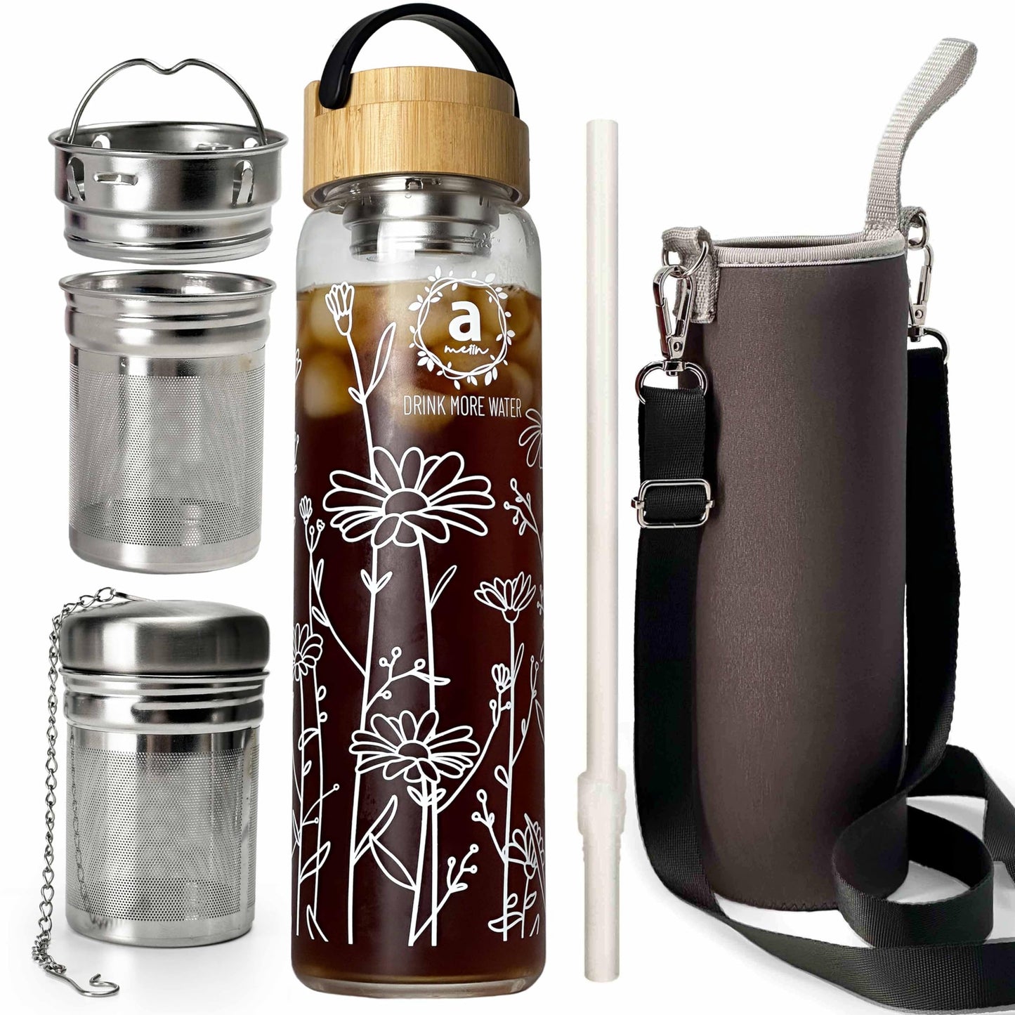 ameiin 32oz Borosilicate Glass Water Bottle with Bamboo Lid and 2 Tea Infuser Sets for Fruit Infused Water and Cold Brew Coffee - Tea Strainer for Loose Leaf Tea (Flower)