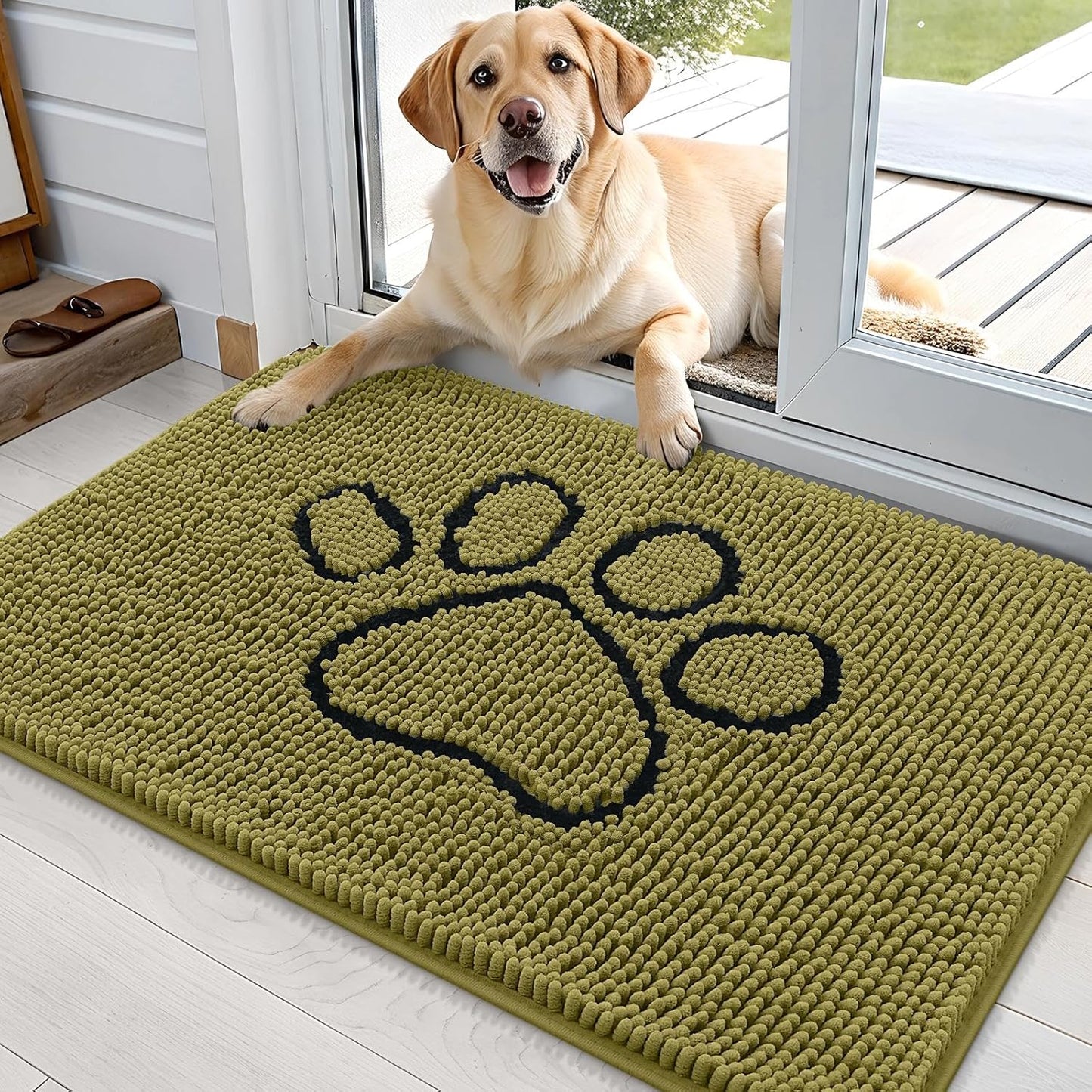 OLANLY Dog Door Mat - Absorbent Muddy Paws Doormat | Non-Slip Chenille, 36x24, Willow Green