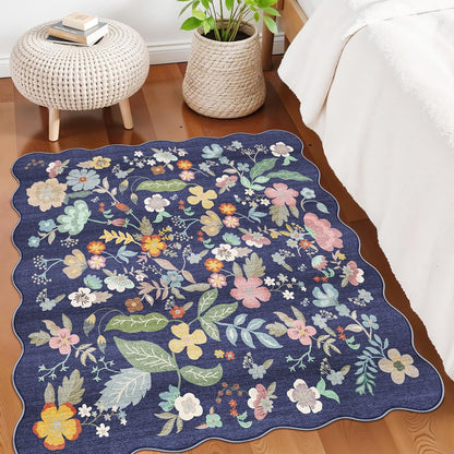 Skiennix Floral Square Area Rug - Washable 5x5 Soft Water-Resistant Carpet for Living Room & Bedroom | Non-Slip Backing, Purple