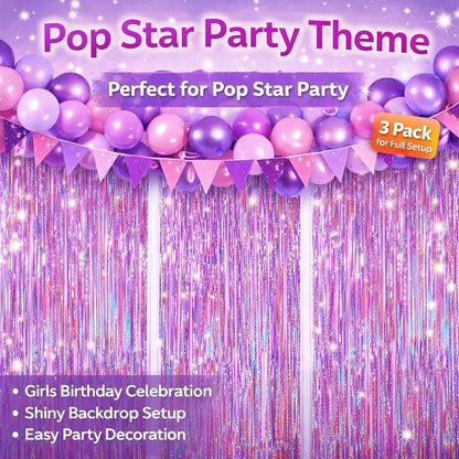 Melsan Easter Decorations - 3 Pack Pinkish Purple Tinsel Fringe Curtain Backdrop | 3.2 x 8.2 ft Sparkling Metallic Party Decor