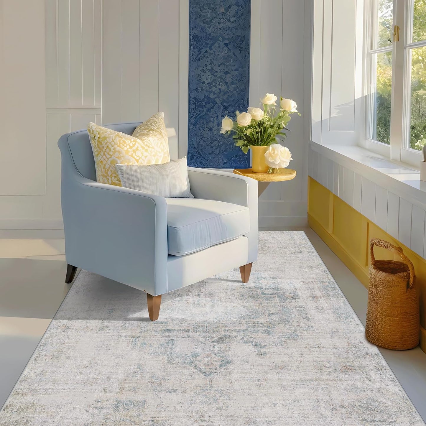 Regine Switzerland Low Pile Office Rugs - 5x7 Abstract Non-Slip Rugs for Living Room & Entryway, Cream Slate Blue