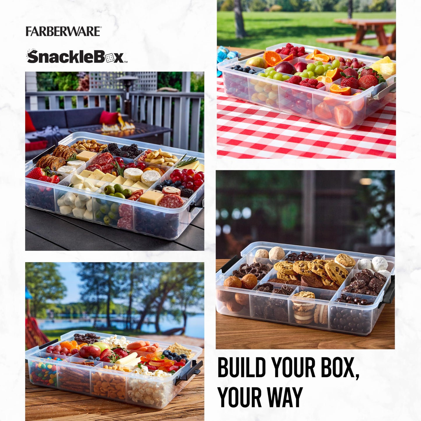 Farberware Build-a-Board Snacklebox with Locking Bamboo Cutting Board Lid, Portable Charcuterie Storage with Compartments,Make it. Take it. Enjoy it., 11x16-Inch, Natural