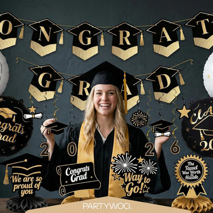 PartyWoo Graduation Decorations - Class of 2026 Black & Gold 19-Piece Set with Banner & Balloons