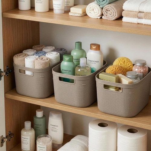 BINO Plastic Storage Bins - 5.5 Liter, Taupe | 3 Pack Woven Baskets for Organized Pantry