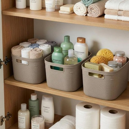 BINO Plastic Storage Bins - 5.5 Liter, Taupe | 3 Pack Woven Baskets for Organized Pantry