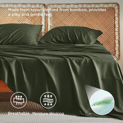 Bedsure King Size Cooling Sheets Set - Breathable Bamboo Rayon, Soft & Silky, Deep Pocket Olive Green