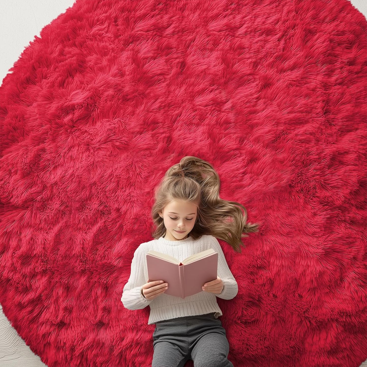 OLANLY Red Round Area Rug - Soft, Fluffy, Machine Washable 8 ft Circle Carpet for Bedroom & Living Room