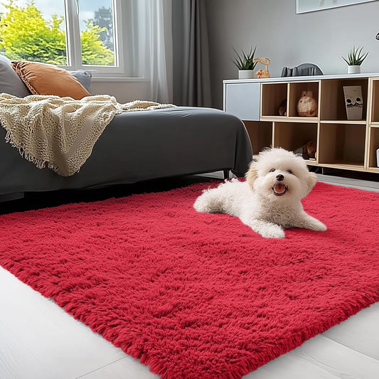 OLANLY 3x5 Soft Fluffy Shaggy Bedside Rug - Machine Washable Indoor Carpet for Kids & Nursery | Red