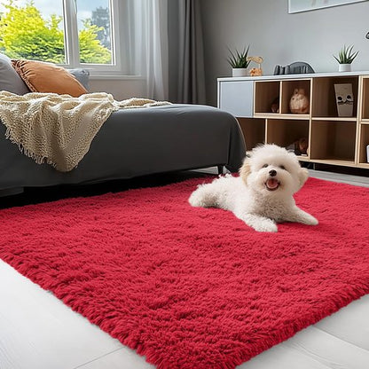 OLANLY 3x5 Machine Washable Small Bedside Rug, Soft Fluffy Shaggy Rugs for Living Room, Bedroom, Indoor Floor Carpet for Kids Girls and Boys, Preppy Dorms, Nursery, Home Decor Aesthetic, Red