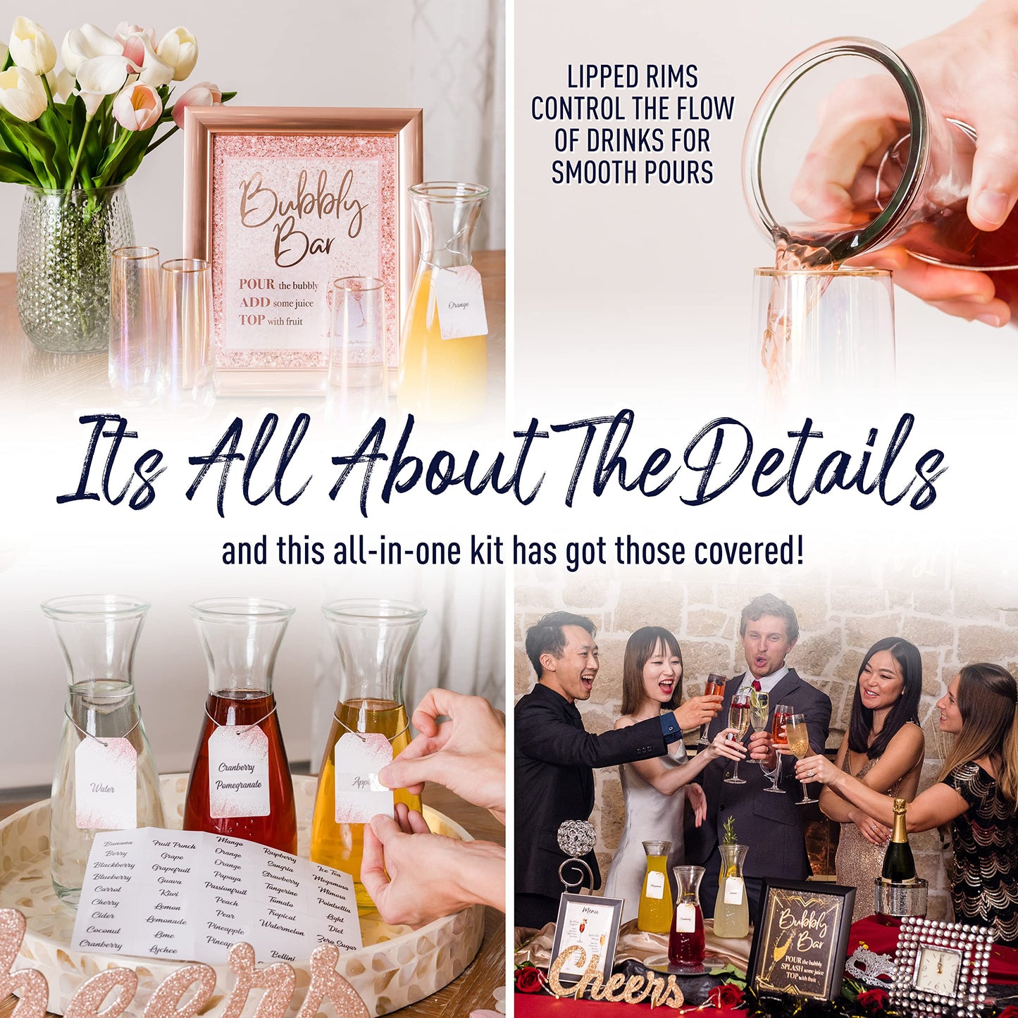 Prestige Mimosa Bar Kit - Glass Carafe (27oz) & Brunch Decor, Pitcher w/Plastic Lid, Bubbly Juice Carafes for Mimosa Bar Supplies, Baby Bridal Shower (Set of 3)