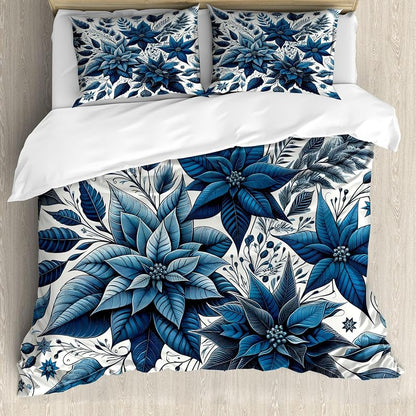 Ambesonne Night Blue Duvet Cover Set with Monochrome Poinsettia Flowers - Queen, 3-Piece