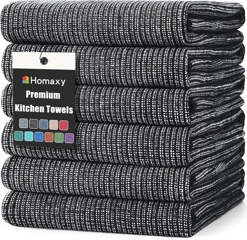 Homaxy Premium Kitchen Towels - Highly Absorbent 380 GSM Cotton Dish Towels | 18”x28”, 6 Pack, Black