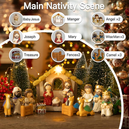 Nativity Advent Calendar 2025 - Light-Up 24-Day Nativity Scene Set with Resin Figures for Kids