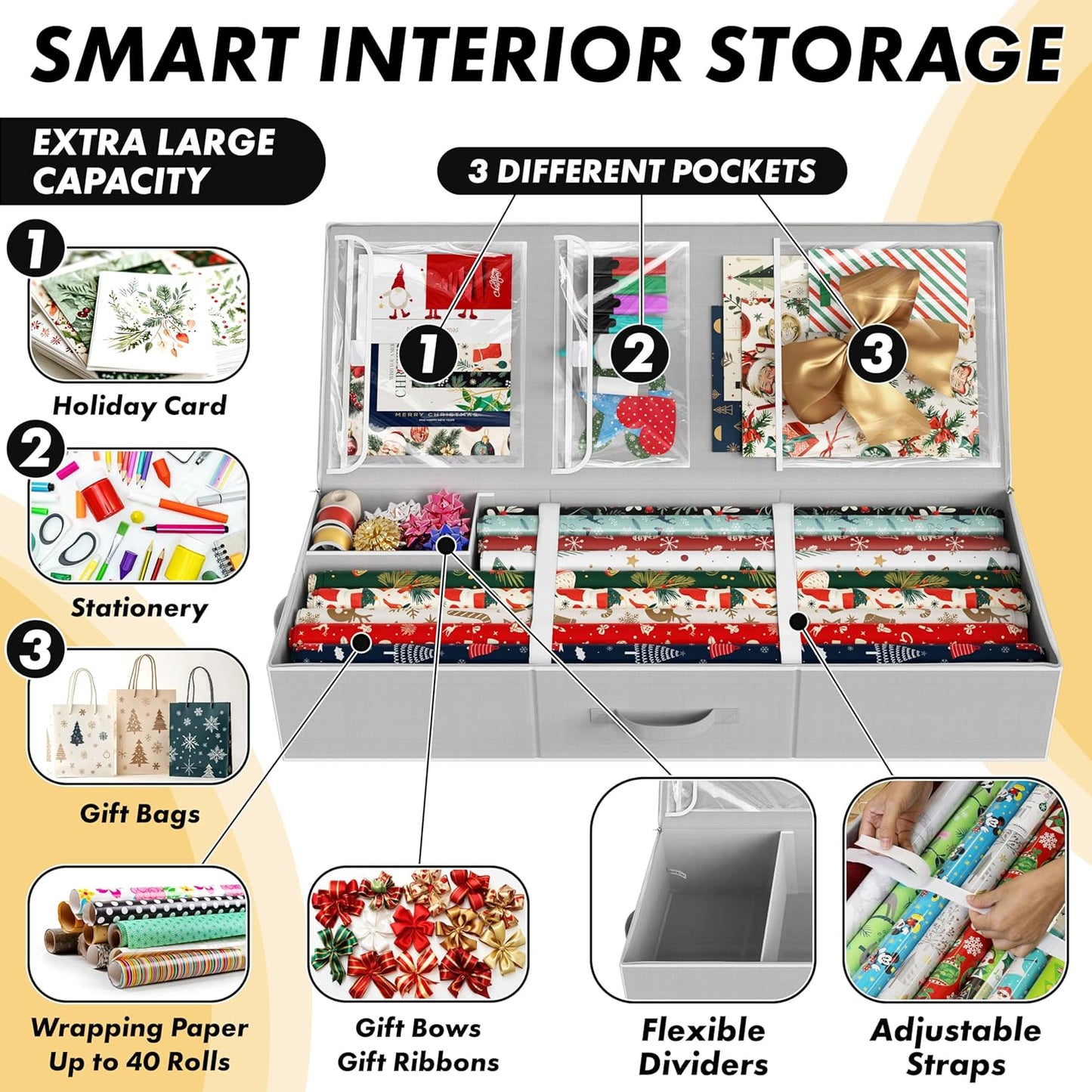 Simple Houseware Wrapping Paper Storage Organizer - Holds 40 Rolls with Adjustable Straps & Clear Pockets, 41.5''L x 16''W, Gray