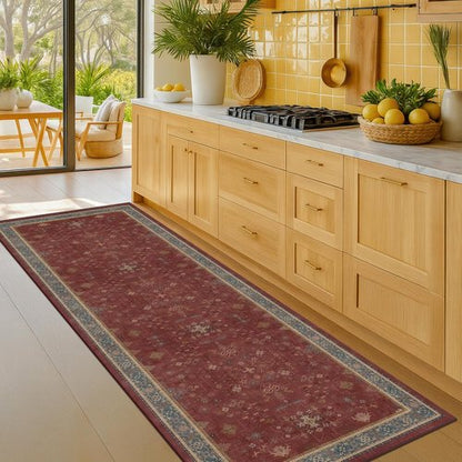 Boho 2x7 Long Runner - Washable Non-Slip Indoor Floor Mat in Dark Red Floral Design
