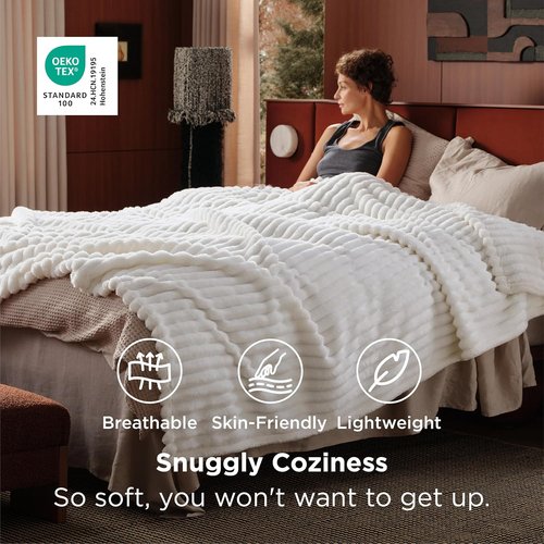 Bedsure GentleSoft Queen Size Blanket - Cozy Off White Fleece Throw for Sofa & Bed, 90x90 Inches