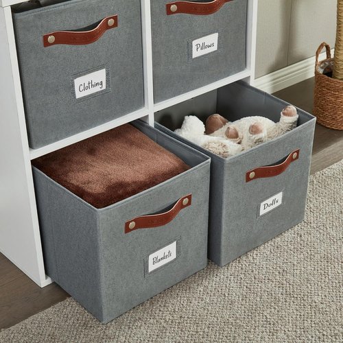 DECOMOMO Storage Bins - Fabric Cube Storage Bins with Labels | 11" Size, 6-Pack in Texture Grey