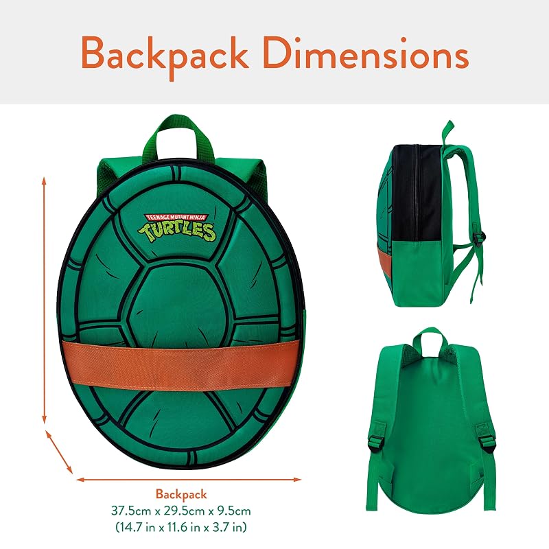 TMNT Kids Backpack – Novelty Green Turtle Shell, Adjustable Straps