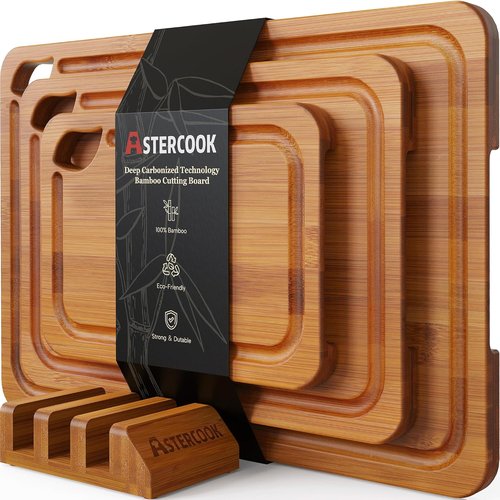 Astercook Bamboo Cutting Board Set - 4-Piece Kitchen Chopping Boards with Juice Groove & Holder
