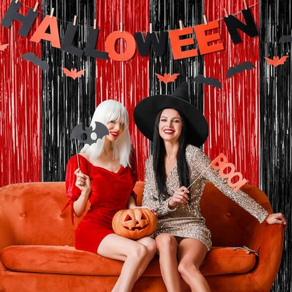 8 Pack Halloween Party Supplies - Red & Black Foil Streamer | 3.28 FT x 7.05 FT Metallic Fringe Curtains