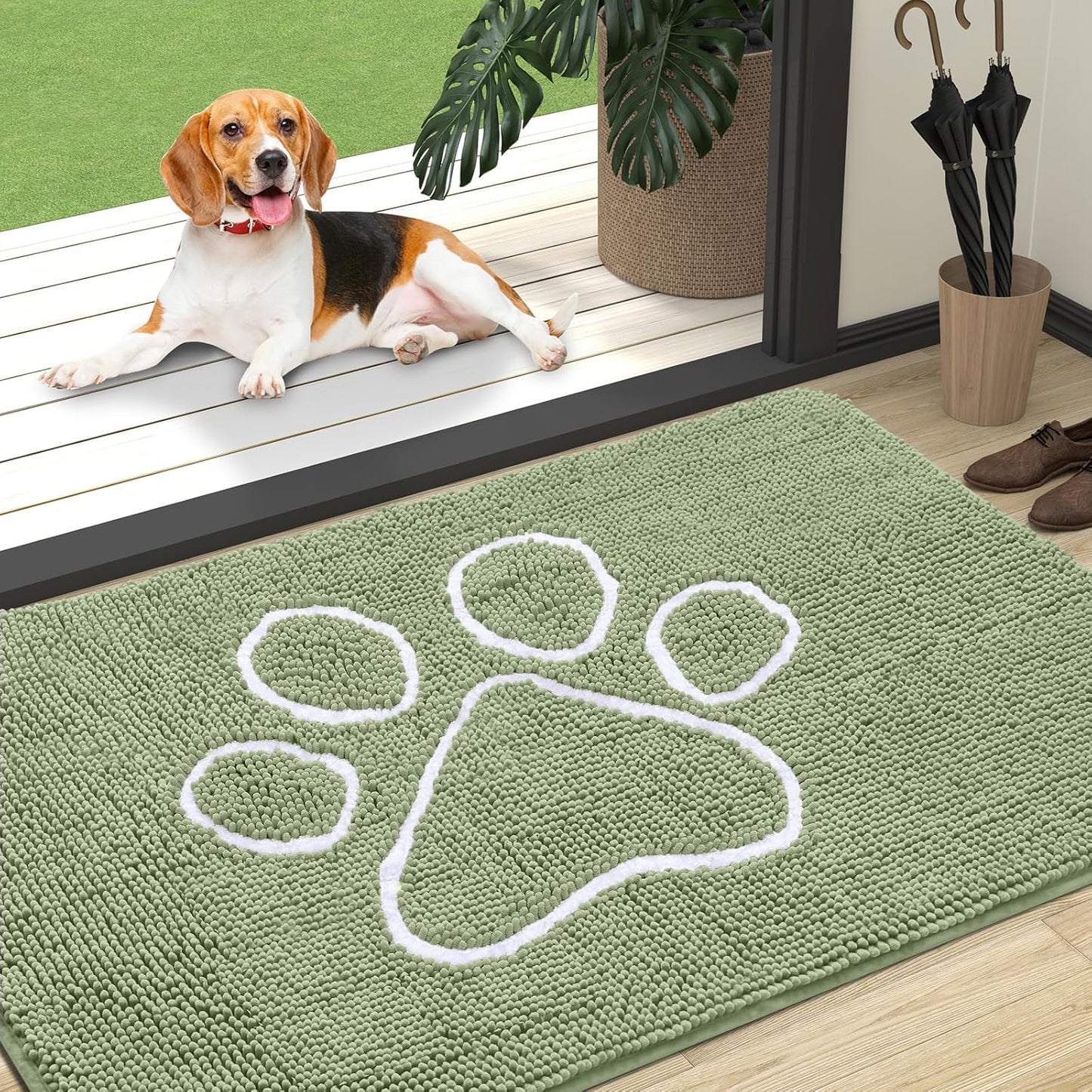 OLANLY Dog Door Mat - Absorbent Muddy Paws Doormat | Non-Slip Chenille, Quick Dry, 47x32, Sage Green