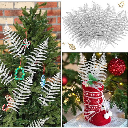 Christmas Glitter Leaves Picks 20 Pcs - Silver Abstract Leaves for Tree, Wreaths, Decor (Variation: Silver+20)