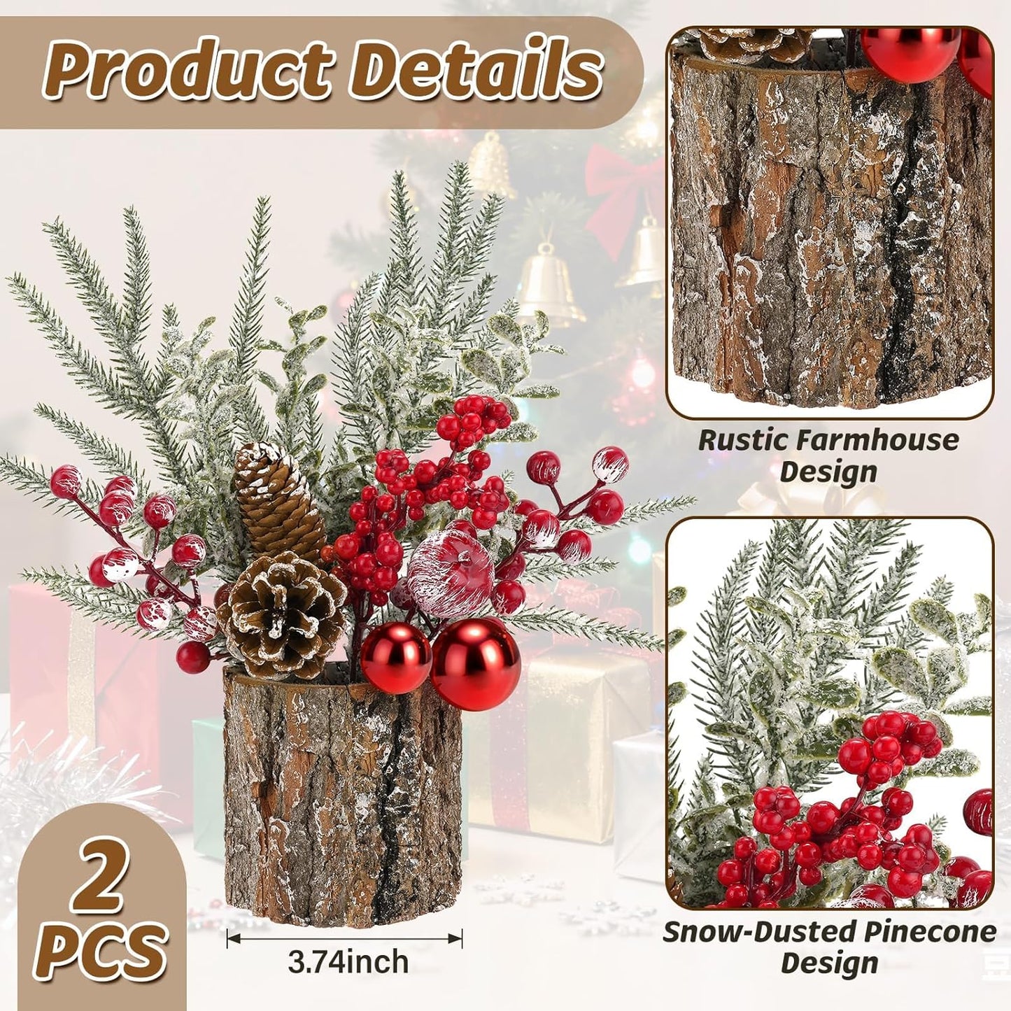 Regine Switzerland Christmas Table Centerpiece - Rustic Pinecones & Red Berries Decor | 2-Piece Set for Coffee Bar, Mantel & Entryway