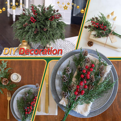 Skiennix Faux Cedar Stems - 17 PCS Artificial Norfolk Pine Branches with Pinecones & Red Berries for Christmas Decor