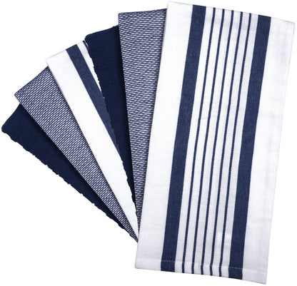 Premium Kitchen Towels 20”x 28”- 6 Pack | Large Cotton Kitchen Towels | Hand Towels for Kitchen | Flat & Terry Towel | Dish Towels | Highly Absorbent Tea Towel with Hanging Loop | Navy Blue Striped