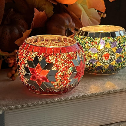 SHMILMH Glass Candle Holder Set - Handmade Mosaic Tealight Holders for Diwali & Christmas | 4-Pack