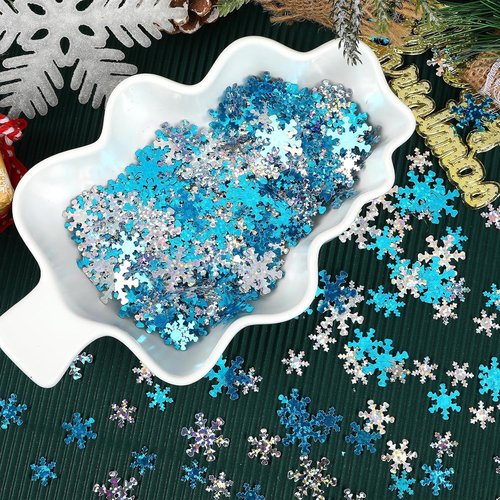 MARFOREVER Winter Snowflake Confetti - White & Blue Glitter Sequins for Holiday Party Decor