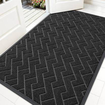 OLANLY Indoor Outdoor Front Door Mat - Waterproof All-Weather Doormat, Easy Clean Herringbone Design (Black, 59x35)