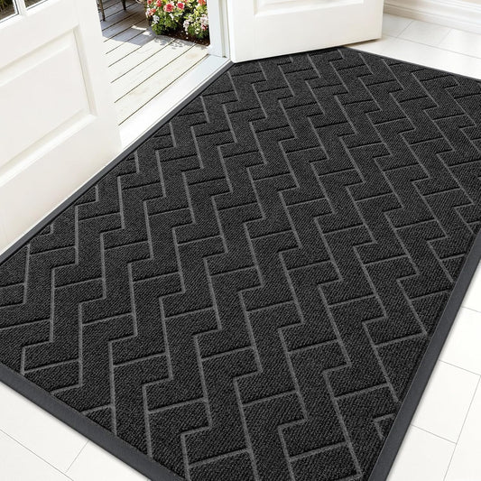 OLANLY Indoor Outdoor Front Door Mat - Waterproof All-Weather Doormat, Easy Clean Herringbone Design (Black, 59x35)