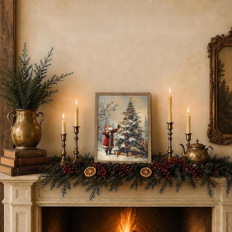 Framed Santa Claus & Christmas Tree Vintage Wall Art, 12x16 Natural Wood Frame