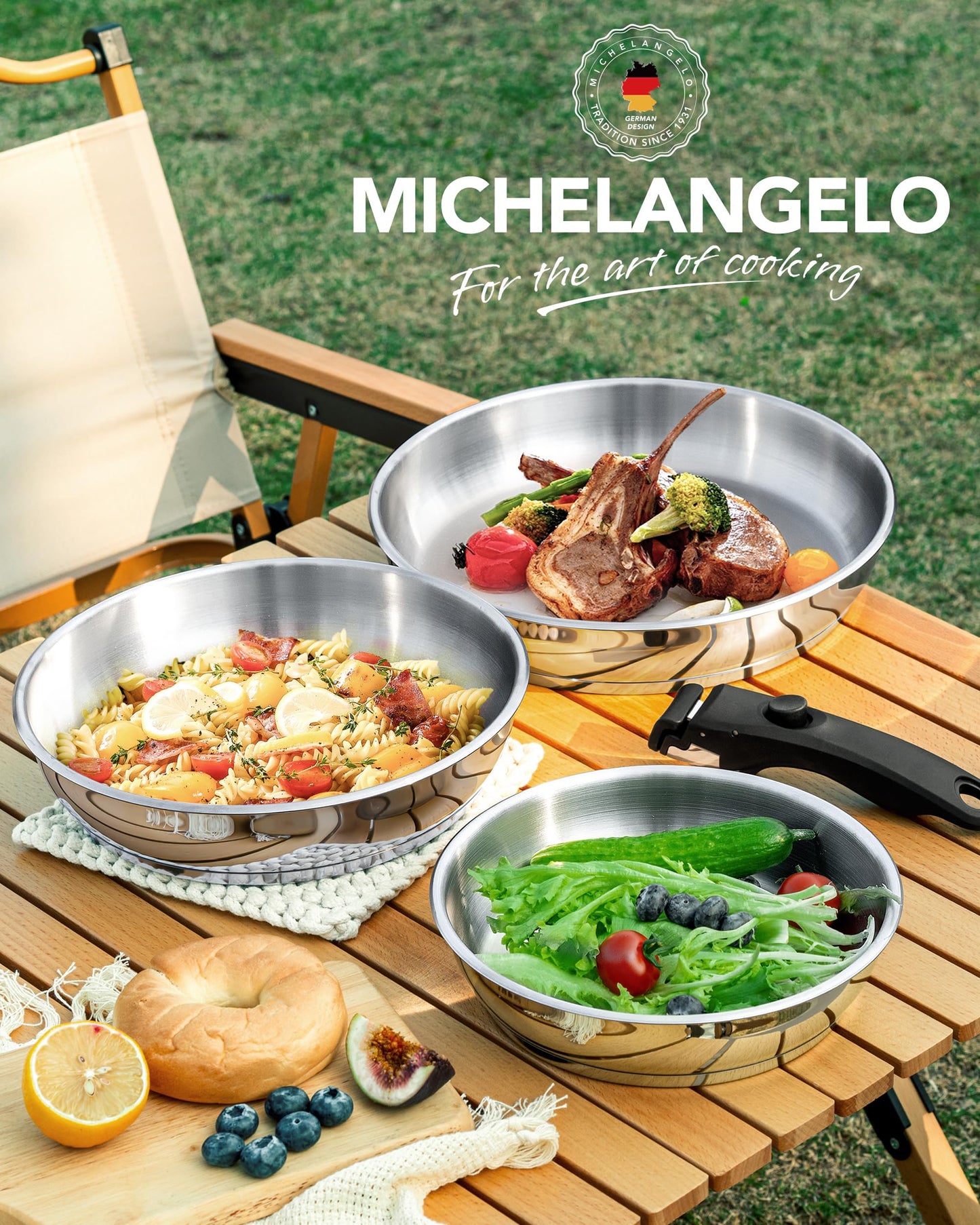 MICHELANGELO Stainless Steel Frying Pan Set, Cooking Pans with Removable Handle, Triply Base Stainless Steel Pan Set, Induction Compatible Skillet- 8" & 9.5" & 11"