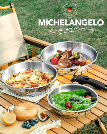 MICHELANGELO Stainless Steel Frying Pan Set, Cooking Pans with Removable Handle, Triply Base Stainless Steel Pan Set, Induction Compatible Skillet- 8" & 9.5" & 11"