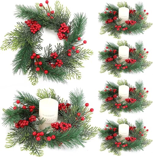 Knitgrip Mini Christmas Candle Rings - 4 Pcs Red Berry Pinecone Wreaths for Home Decor & Weddings