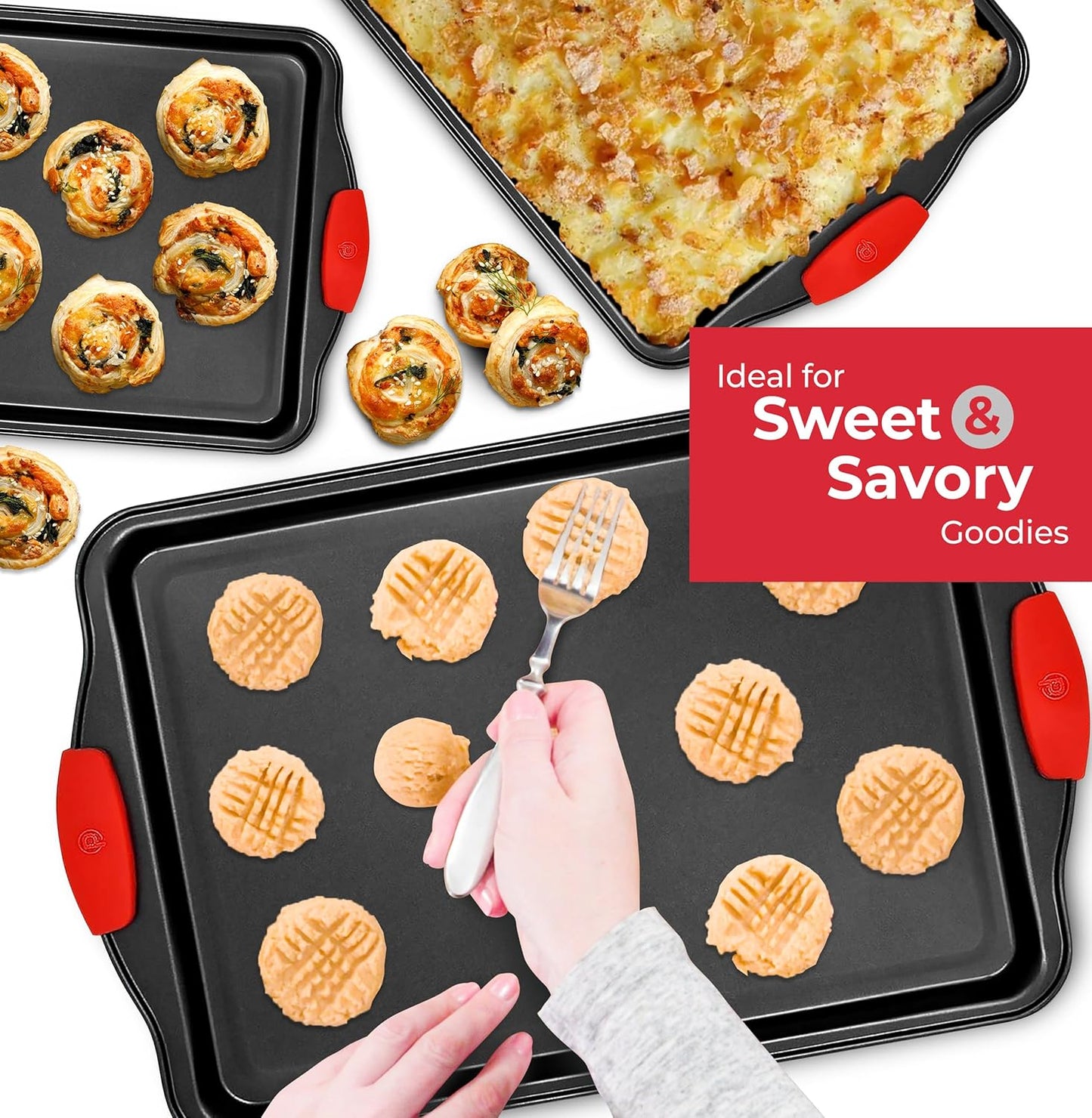 PERLLI Non-Stick Baking Pan Set - 3-Piece BPA-Free Carbon Steel Bakeware with Silicone Handles | Oven Safe Up to 446°F