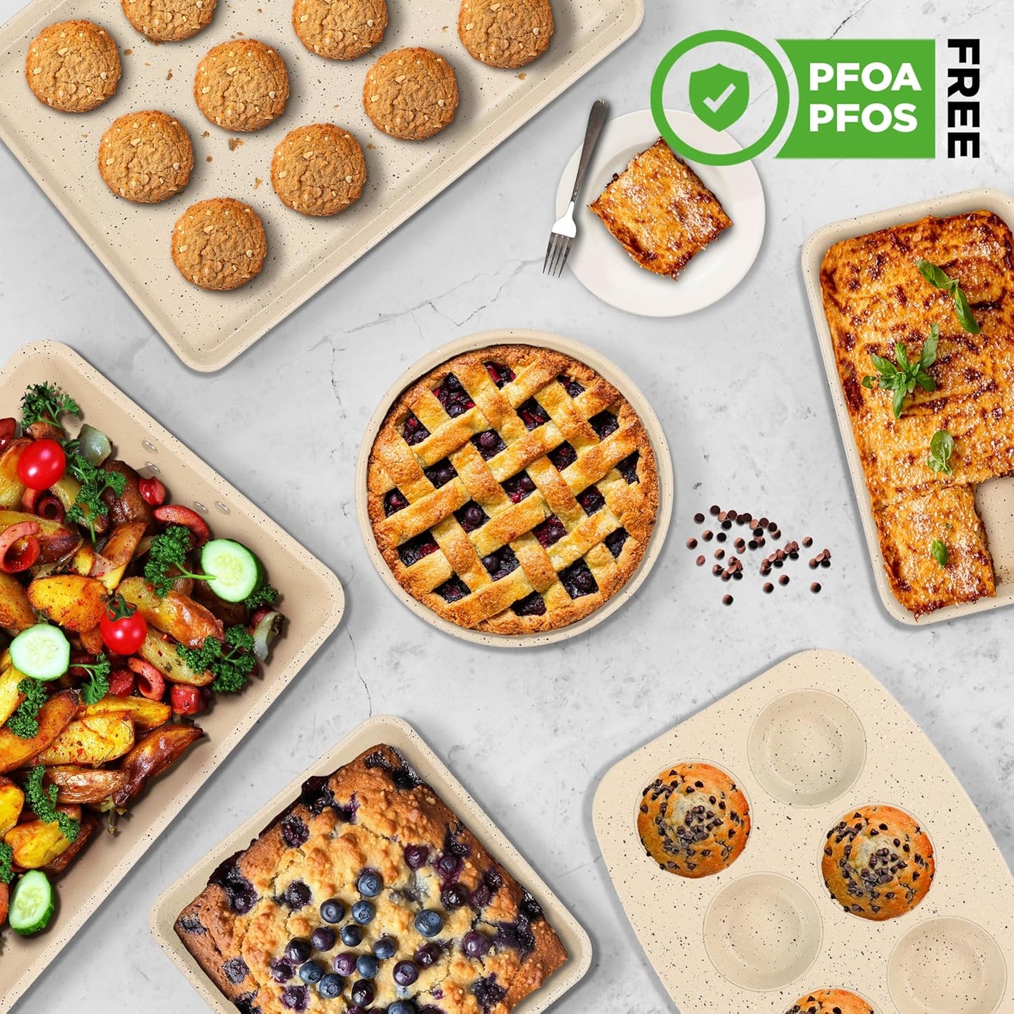 NutriChef 8-Piece Bakeware Set - Non-Stick Carbon Steel Pans | Includes Sheet, Muffin, Round, Loaf & More | Oven Safe to 450°F | Marble Cream Finish