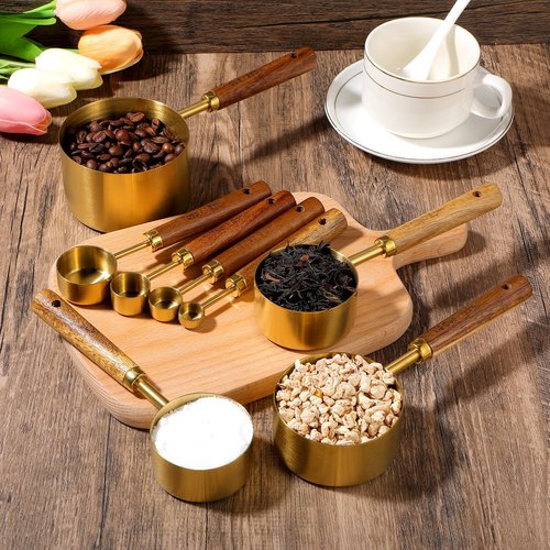 8 Piece Premium Stainless Steel Measuring Cups with Wood Handles, Gold Measuring Cups and Spoons Set,4 Stackable Wooden Measuring Cups and 4 Measuring Spoons Set for Baking Supplies in the Kitchen