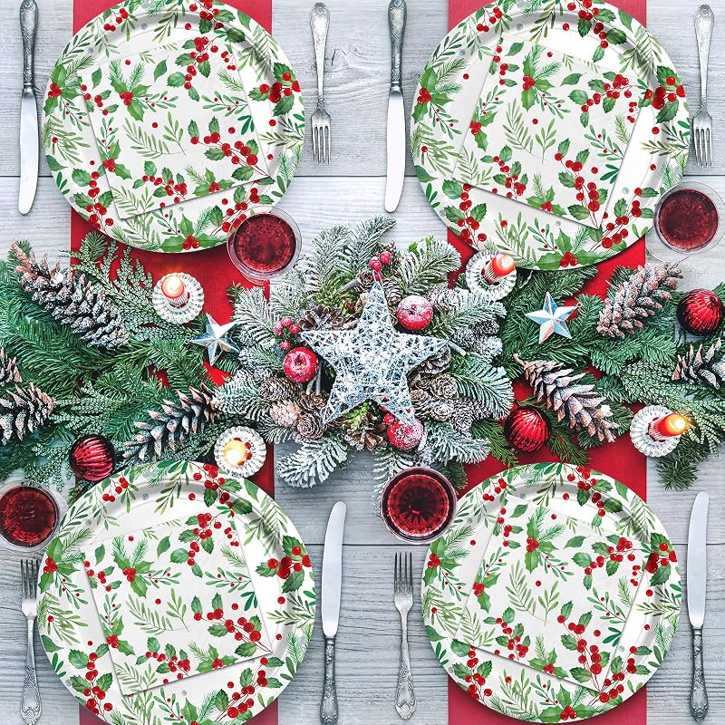 5 x 5 Inch Christmas Holly Paper Napkins Set of 80 - Seasonal Beverage Napkins