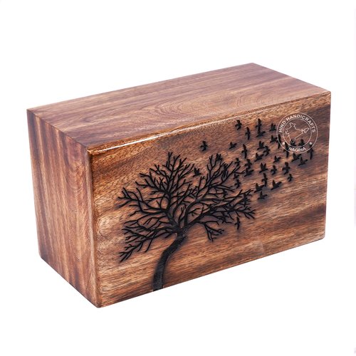 HIND HANDICRAFTS Wooden Box Funeral Cremation Urns for Human Ashes Adult Large - Burial Urns for Columbarium - Tree of Life Flying Bird (180 Cubic Inches, Antique)