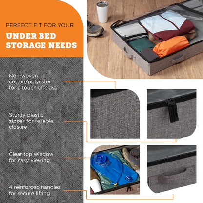 storageLAB Under Bed Storage Containers - Low Profile Organizers with Dual Zippers & Clear Windows | 2 Pack, Gray